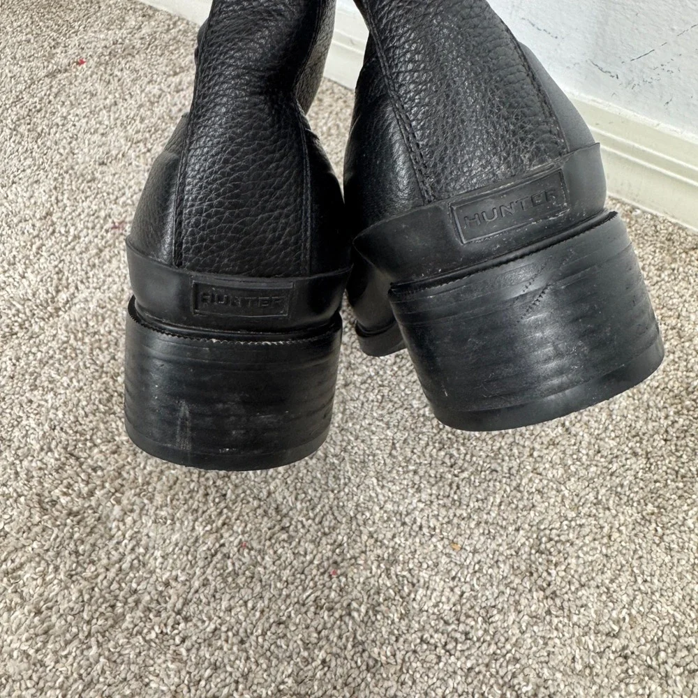 Hunter Refined Pebbled Leather Faux Fur Lined Mid Calf Rain Boots Black Womens
